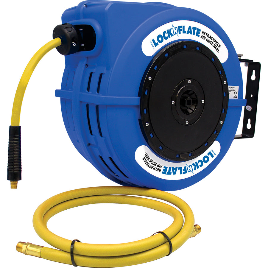 LockNFlate Retractable Air Hose Reel - 3/8 in x 50 ft, Heavy-Duty, Lightweight, Hybrid Polymer Hose, Automatic Latch & Retract