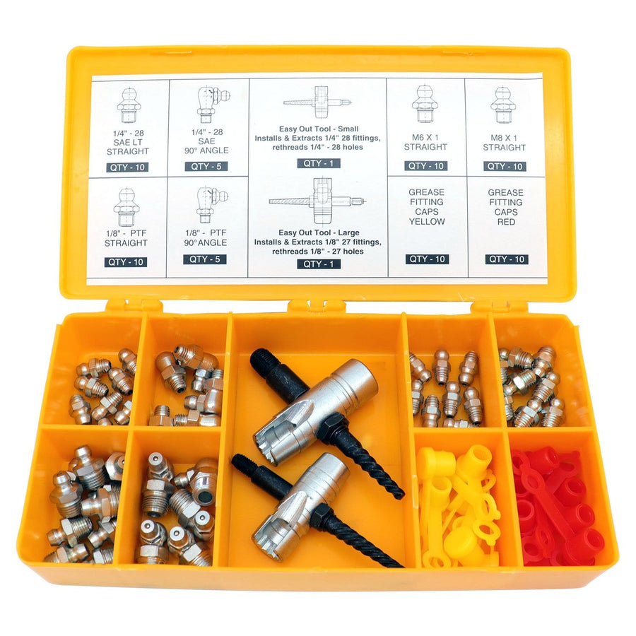 Complete Grease Fitting Replacement Kit - SAE and metric Zerks, multi-tools, fitting caps